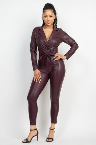 Motorsport Faux Leather Jumpsuit -Burgandy