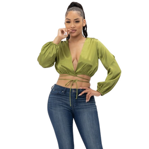 Satin Wrapped Crop - Olive